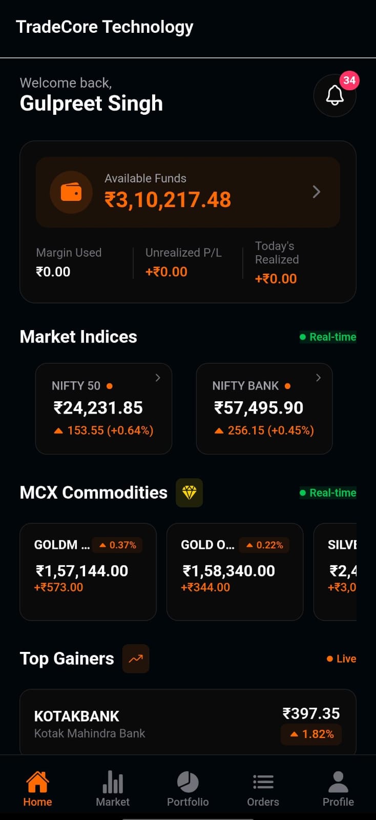 Tradecore white-label trading app — hero screen