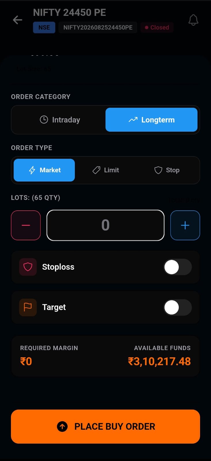 Order Placement — Tradecore app screen