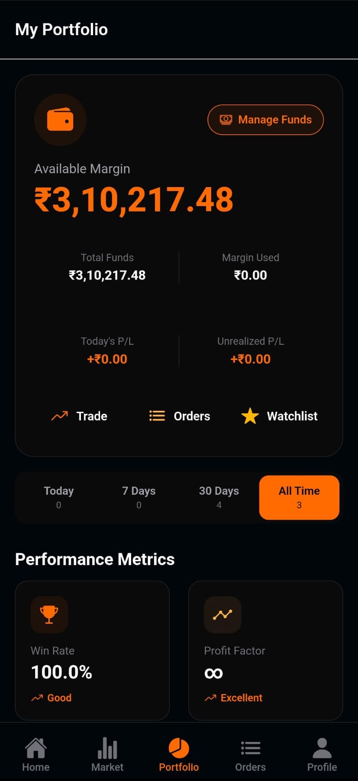 Portfolio & Reports — Tradecore app screen
